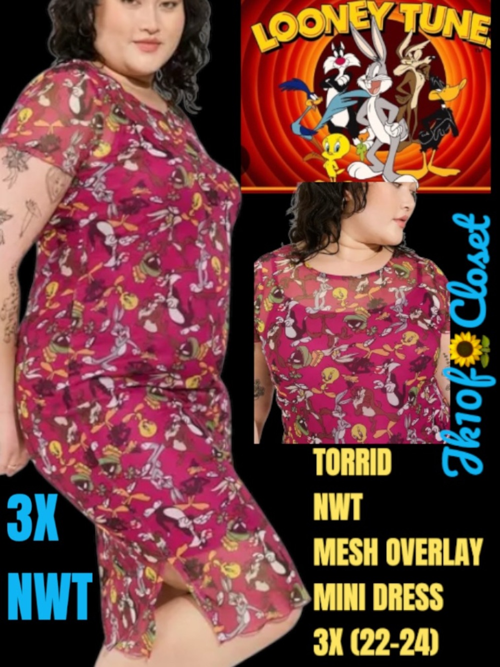 LOWEST 🌺TORRID 3X (22-24) LOONEY TUNES PRINT MESH OVERLAY MINI DRESS